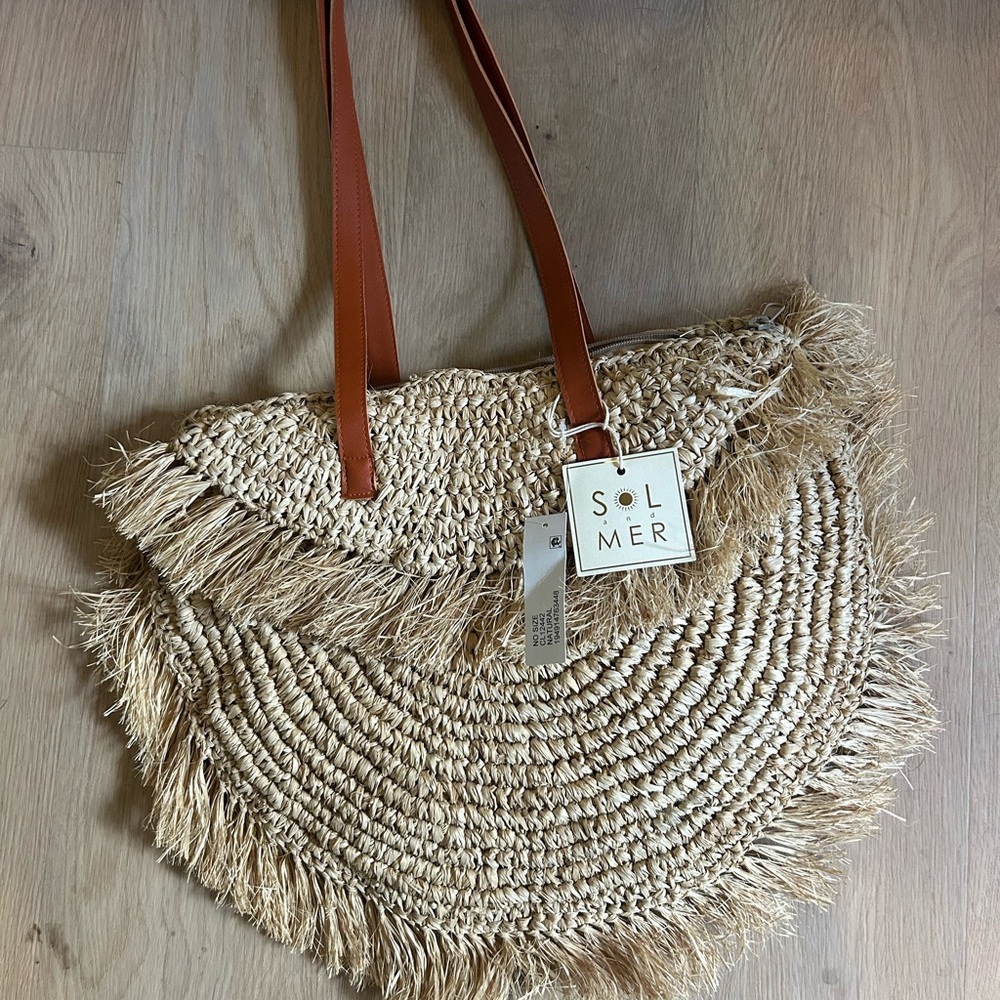 Natural Straw Tote with Tan Accents